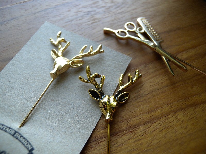 Deer or Scissors&Comb Lapel Pin - 胸针 - 其他金属 金色