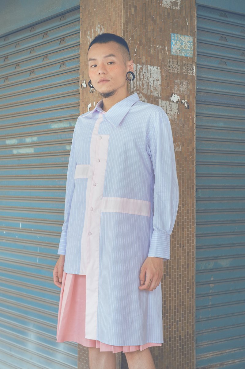 十字错位解构条纹衬衫(191T08) - 男装衬衫 - 棉．麻 蓝色