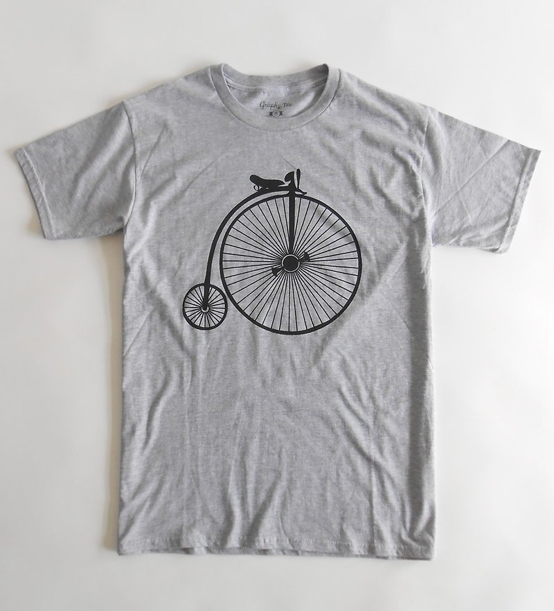 脚踏车图案灰色T恤 自行车 日系休闲 情侣T恤 手工丝印 纯棉 文青 - 男装上衣/T 恤 - 棉．麻 灰色