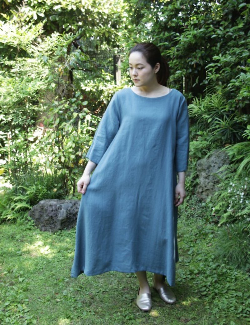 ブルーリネンのサイドロングワンピース - 洋装/连衣裙 - 棉．麻 蓝色
