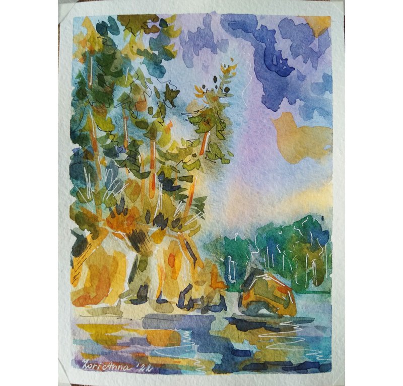 Watercolor Postcard Landscape Canada Art Original Small Art River - 海报/装饰画/版画 - 纸 多色