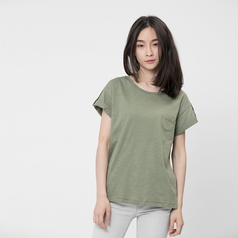 竹节棉褶袖钮扣上衣/军绿 - 女装 T 恤 - 棉．麻 绿色