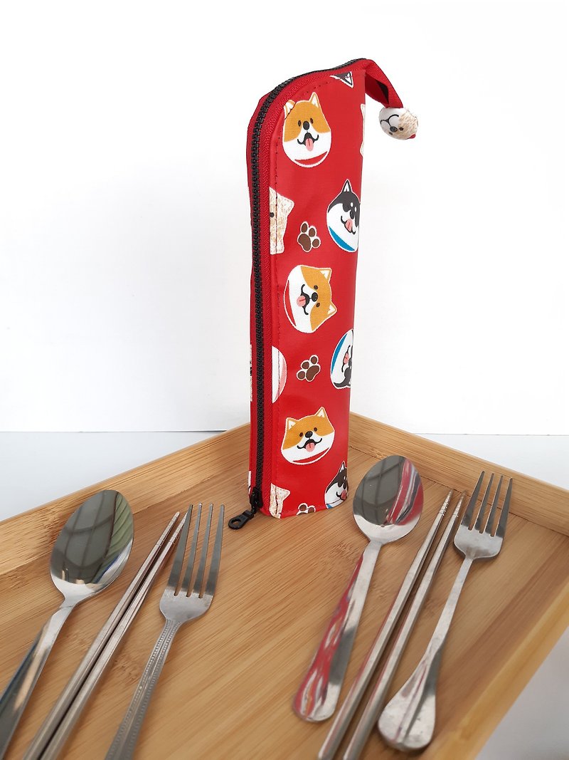 柴犬(红)防水餐具袋  生日 交换礼物 野餐 外出环保小物 - 筷子/筷架 - 防水材质 红色