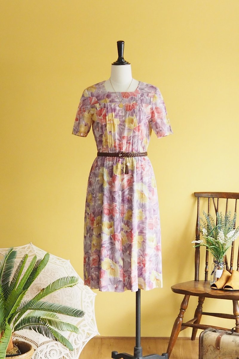 古著洋裝 | Size M | Floral pattern cotton dress - 洋装/连衣裙 - 棉．麻 紫色