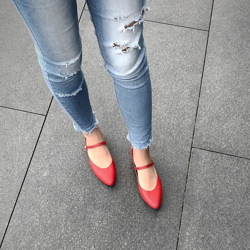 Mary Jane Red (红)  Low Heels 玛丽珍 | WL - 芭蕾鞋/娃娃鞋 - 真皮 红色