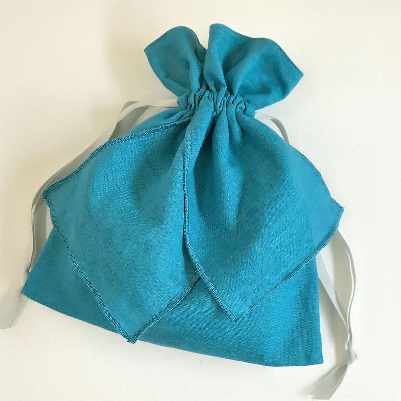 ブルーガーデン コットンリネン リボン巾着 新色ターコイズブルー - 化妆包/杂物包 - 棉．麻 蓝色
