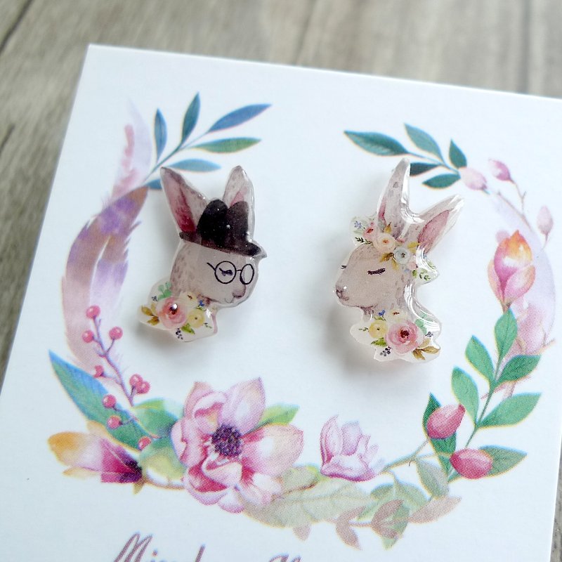 Misssheep-U36-兔子小姐的婚嫁 水彩手绘风格 兔子 不对称 手作耳环 (耳针/耳夹) (一对) - 耳环/耳夹 - 塑料 
