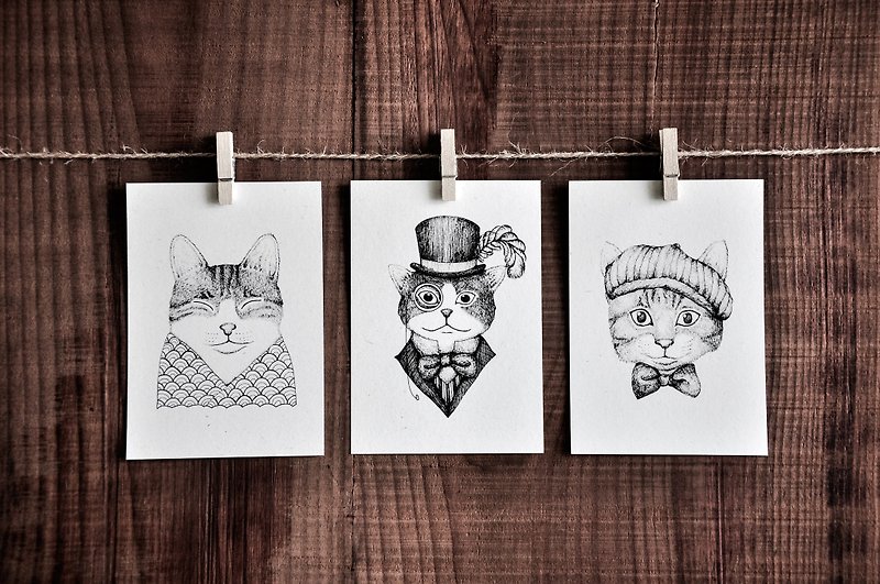 猫肖像系列卡片－浴衣猫 / 绅士猫 / 文青猫 / 明信片 - 卡片/明信片 - 纸 白色