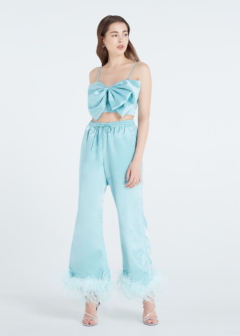 Jacky turquoise blue bow top and feathers boas pants for women - 居家服/睡衣 - 聚酯纤维 蓝色