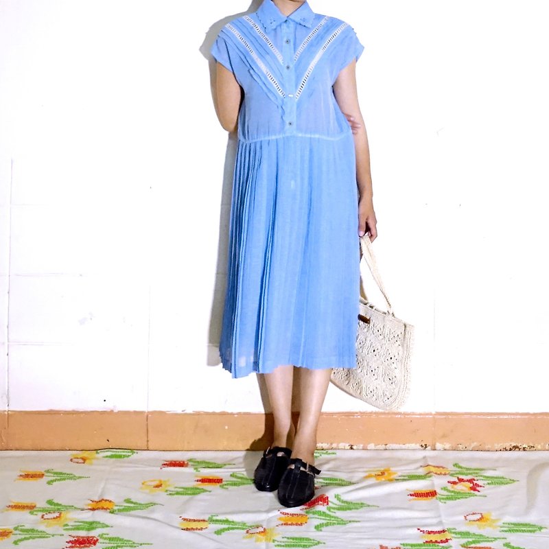 BajuTua/古着/ 粉蓝气质百折洋装 - 洋装/连衣裙 - 聚酯纤维 蓝色