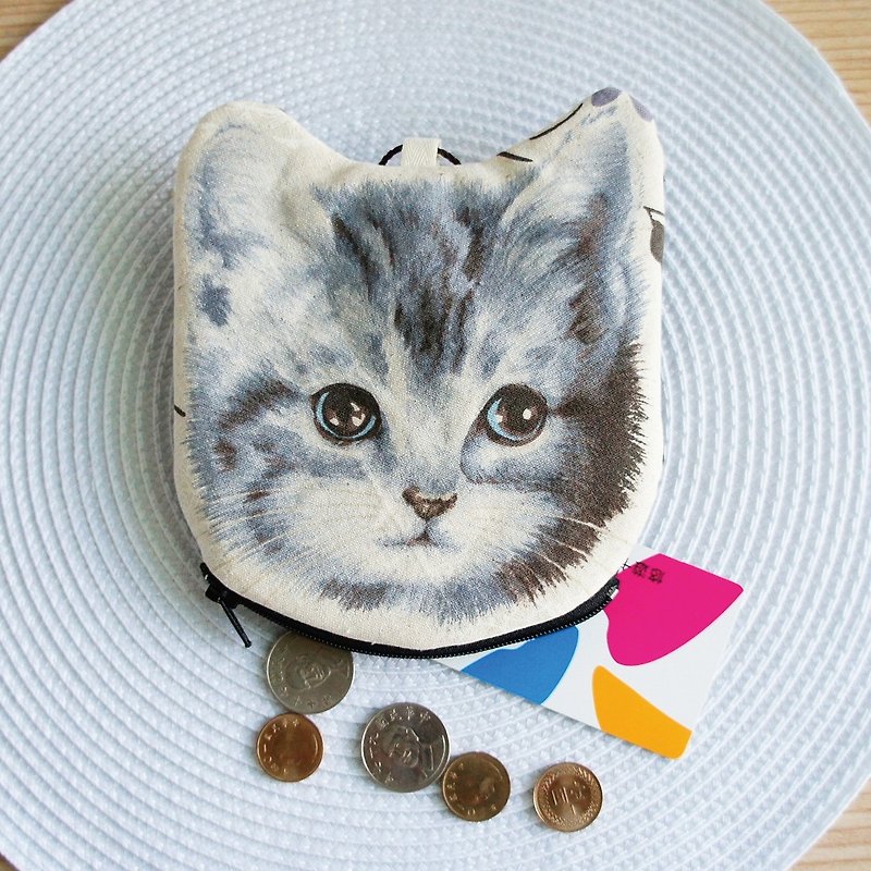 Lovely【日本布订制】手绘风猫咪头像零钱包、A款 - 零钱包 - 棉．麻 黑色