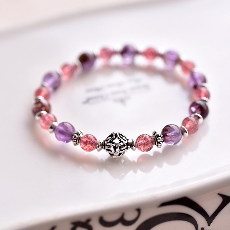 紫水晶+草莓晶+镂空灯笼珠纯银手链 - 手链/手环 - 宝石 粉红色