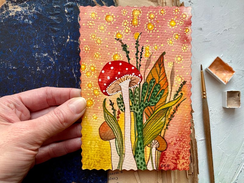 纸 海报/装饰画/版画 多色 - Mushroom painting Floral Original art Fly agaric watercolor Miniature artwork
