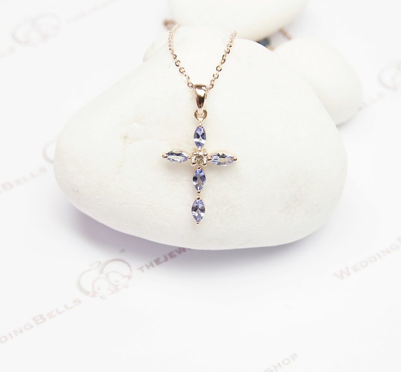 18K玫瑰金 坦桑石吊坠 /十字架/精致可爱 生日石 (包邮) - 项链 - 钻石 蓝色