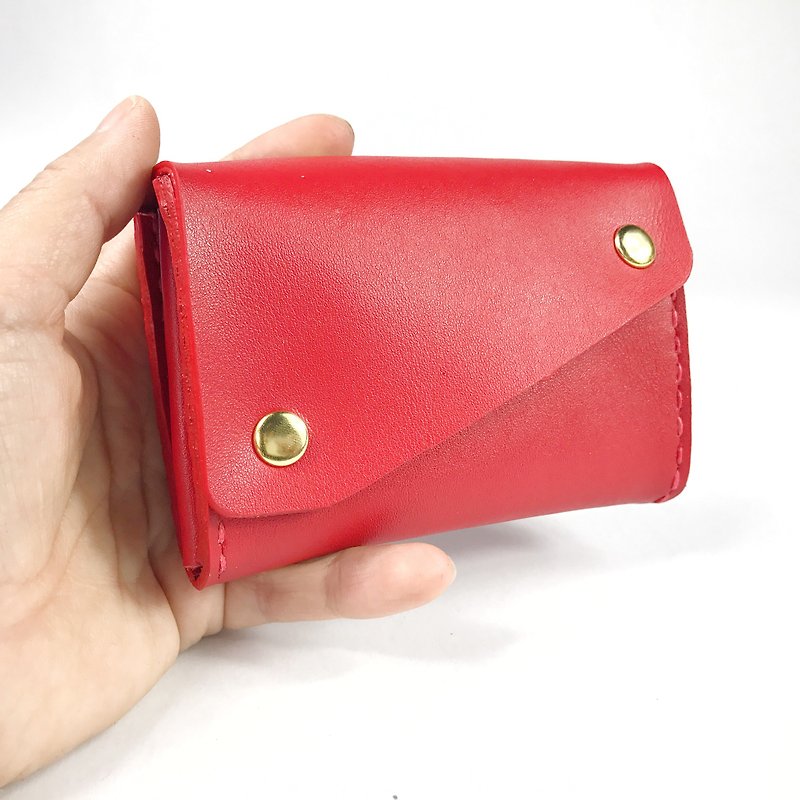 zemoneni 全手作 牛皮 零钱包 卡包 二合一 超大容量 新年红 大红色 - 手拿包 - 真皮 红色