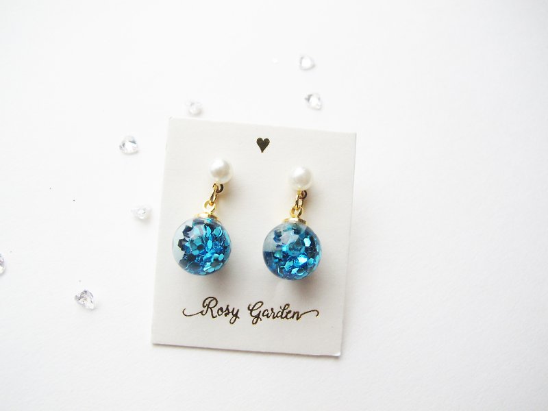 Rosy Garden 晴空蓝色亮片流动雪花玻璃球珍珠耳环 可换耳夹式 - 耳环/耳夹 - 玻璃 蓝色