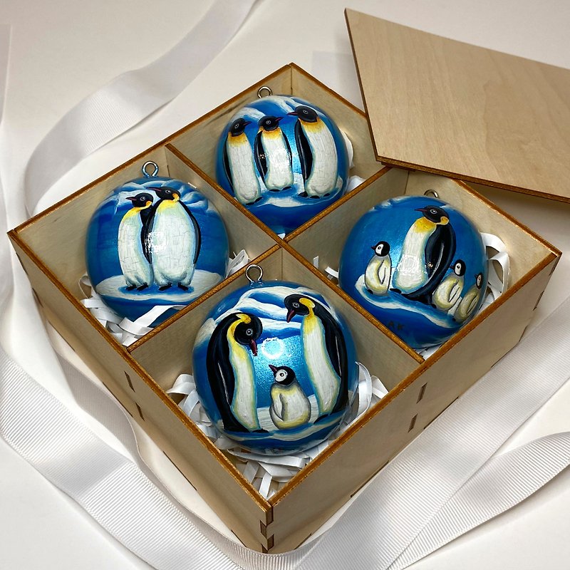 Xmas Decor Penguins, handmade holiday ornament, wooden, blue color, Antarctica