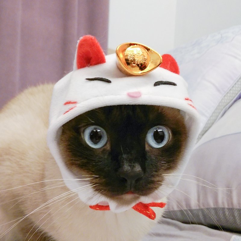 新年限定* 招财猫造型宠物帽子头套 - 衣/帽 - 聚酯纤维 白色
