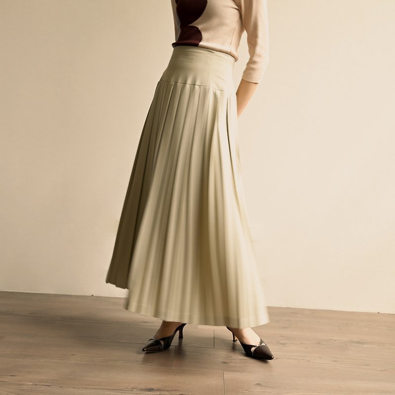 【NaSuBi Vintage】宽版百褶纯色高腰古着裙