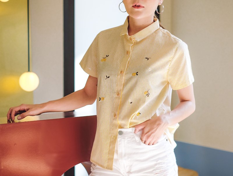夏日柠檬刺绣牛津棉质衬衫 : 黄色 S/M - 女装衬衫 - 棉．麻 黄色