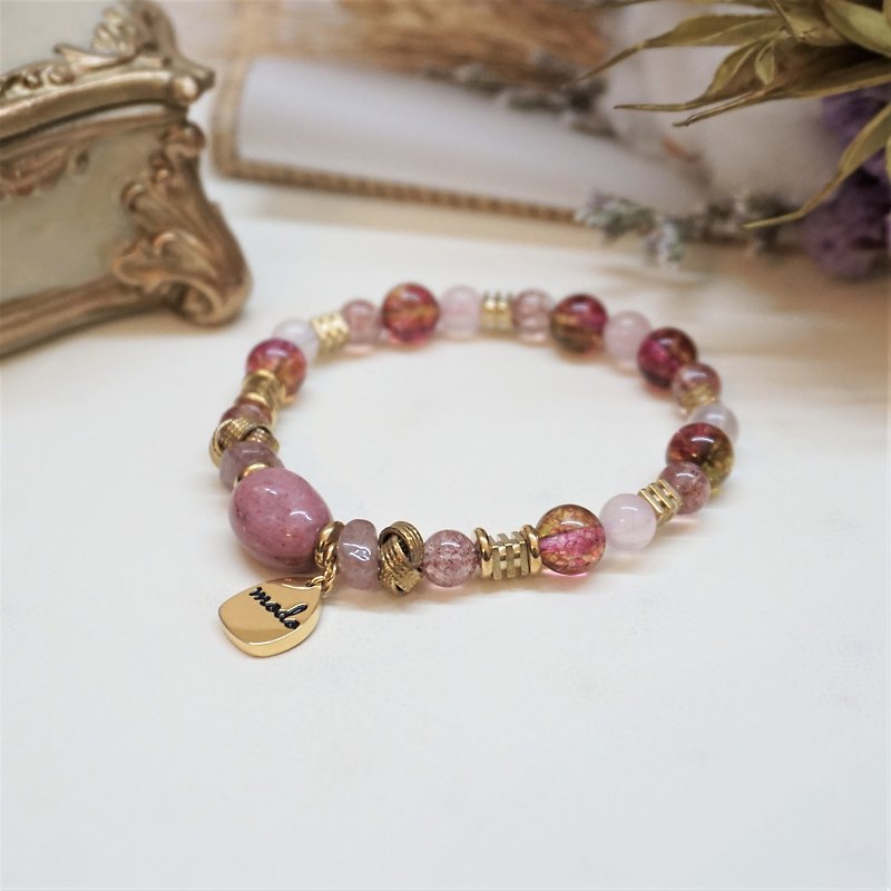 << 粉红珠宝盒 - 天然石手环 >> 蔷薇辉石 草莓晶 粉晶 黄铜手环 - 手链/手环 - 半宝石 粉红色