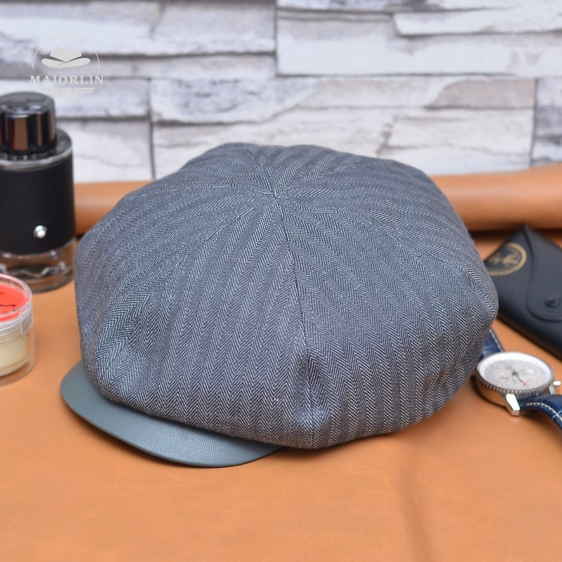 经典报童帽 真皮与工装布料的结合 欧美明星流行皮帽 贝雷帽 - 帽子 - 棉．麻 灰色
