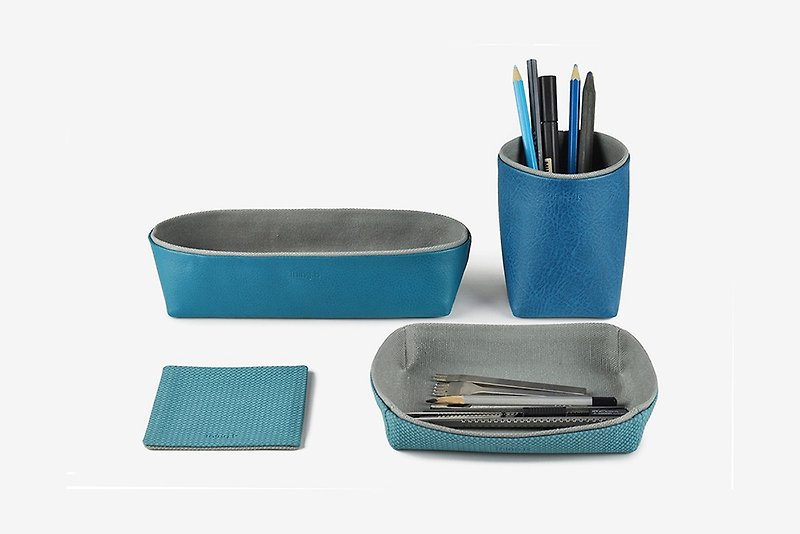 桌面收纳组4入 储物盒 笔筒 托盘 杯垫 蓝色 - 收纳用品 - 人造皮革 蓝色