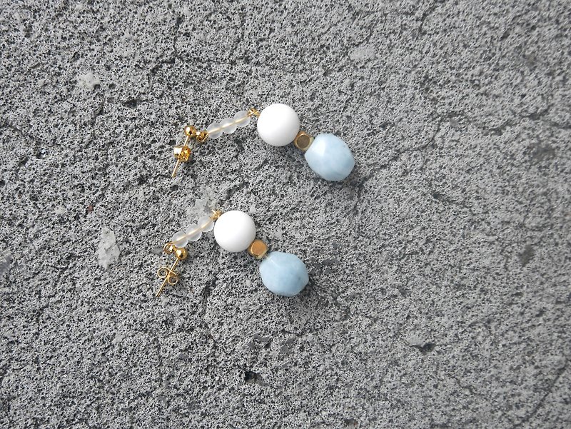 海蓝宝两段耳环 -925纯银耳针 - 耳环/耳夹 - 宝石 金色