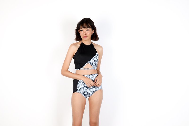 Tear Diamond set  露背高腰兩件式泳裝 / 寶石打印+黑色 / S - 女装泳衣/比基尼 - 其他材质 黑色