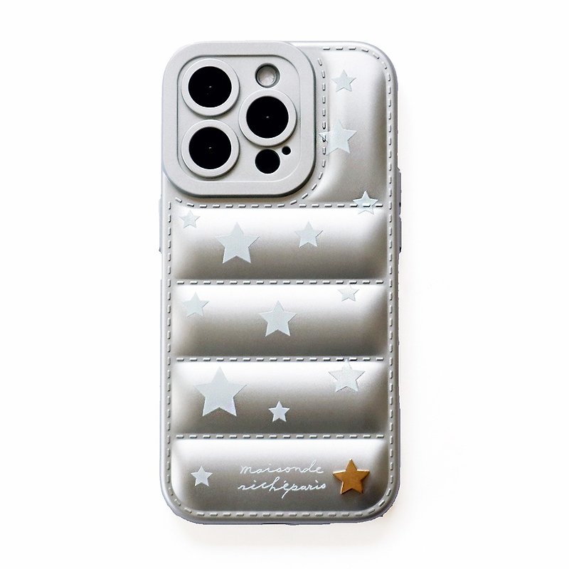 iPhone15/14/13 春季系列-法式银羽绒立体金色星星手机壳 - 手机壳/手机套 - 塑料 银色