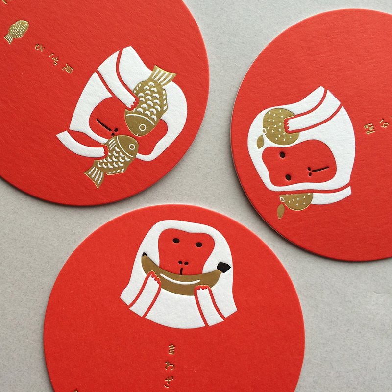 [手工凸版印刷] 元气三猿 猴子杯垫(3入) - 卡片/明信片 - 纸 红色