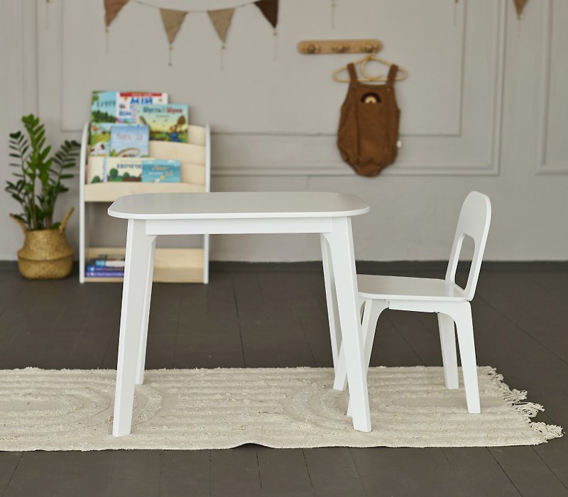 白色木制儿童活动桌和 1 把椅子套装幼儿桌椅 - 儿童家具 - 木头 白色