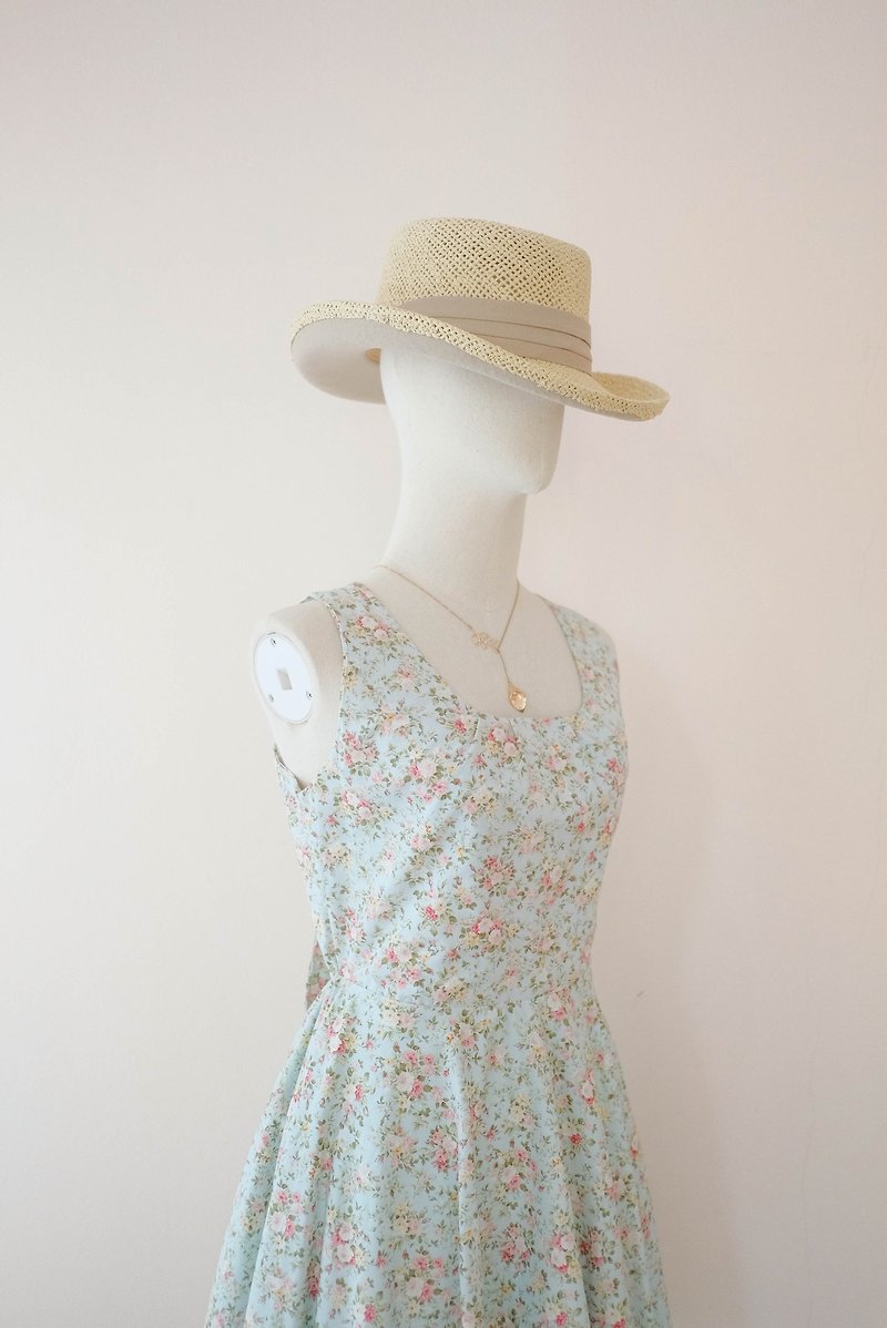 SALE  58% Mint green sundress Floral party dress summer bow back dress - 洋装/连衣裙 - 棉．麻 绿色