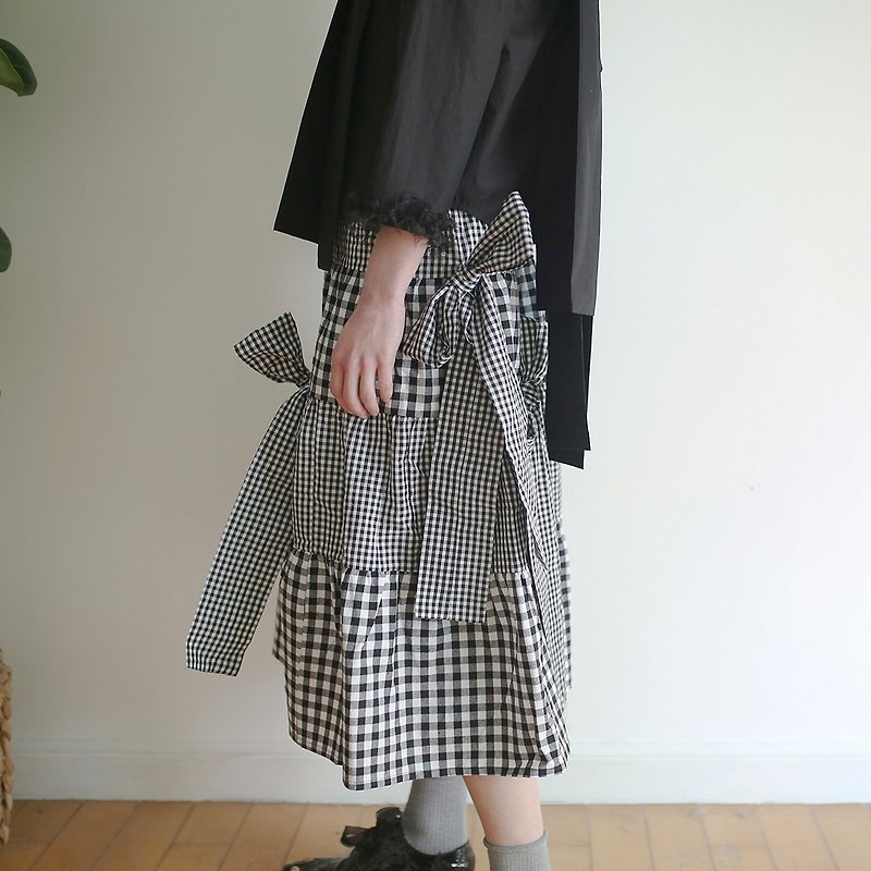 黑白格拼接中长裙 半身裙 - imakokoni - 裙子 - 棉．麻 灰色