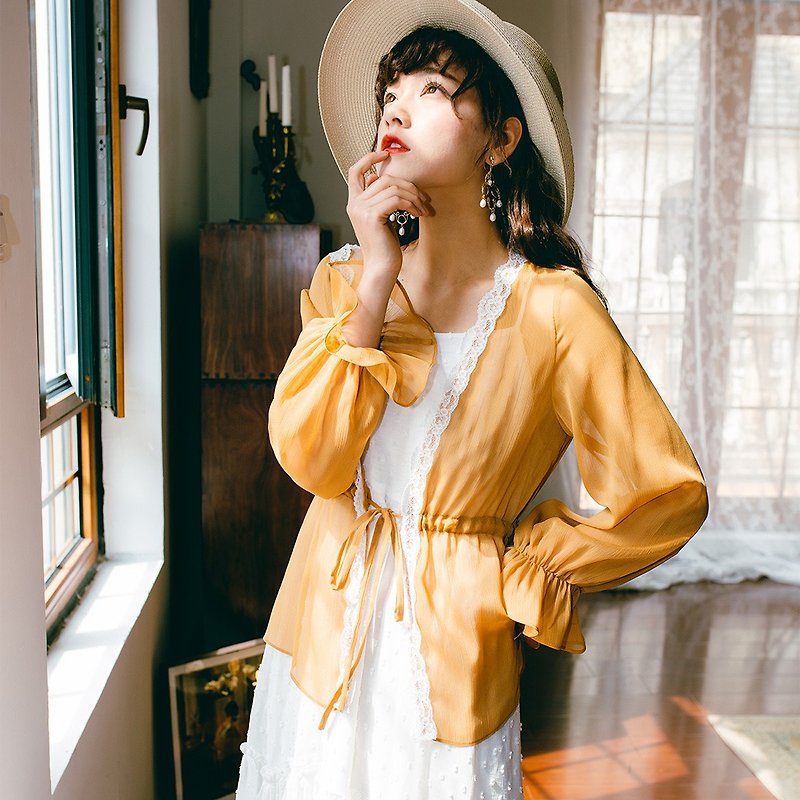 【薄款】2019女装夏季穿搭腰部抽绳灯笼袖防晒衫 9313 - 女装上衣 - 其他材质 黄色