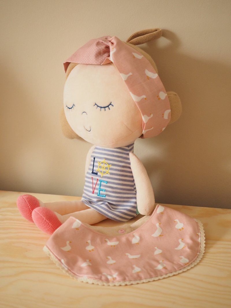 手工婴儿小童围兜口水肩弹性发带套装 粉色小鸭 弥月礼物 - 满月礼盒 - 棉．麻 粉红色