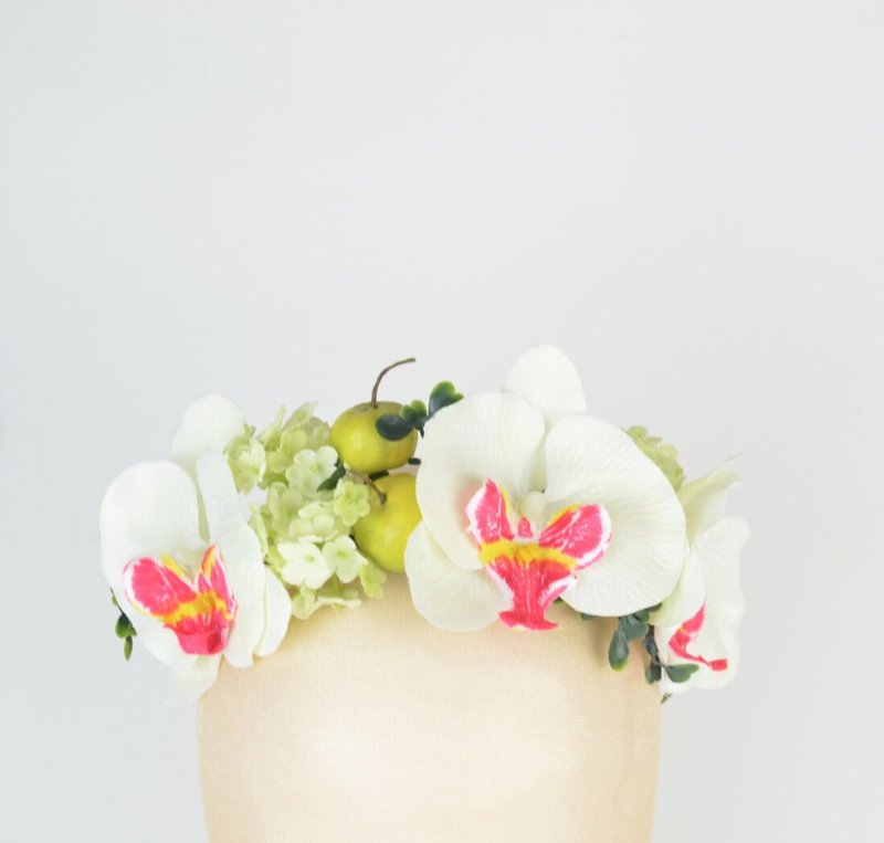 Crown Flower Halo Headpiece Silk Flower Orchids and Apples White and Lime Green - 发饰 - 其他材质 白色