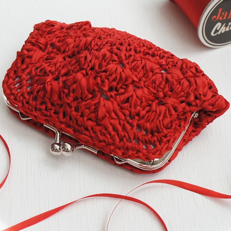 Ba-ba handmade Ribbon yarn crochet coinpurse No.C916 - 化妆包/杂物包 - 其他材质 红色