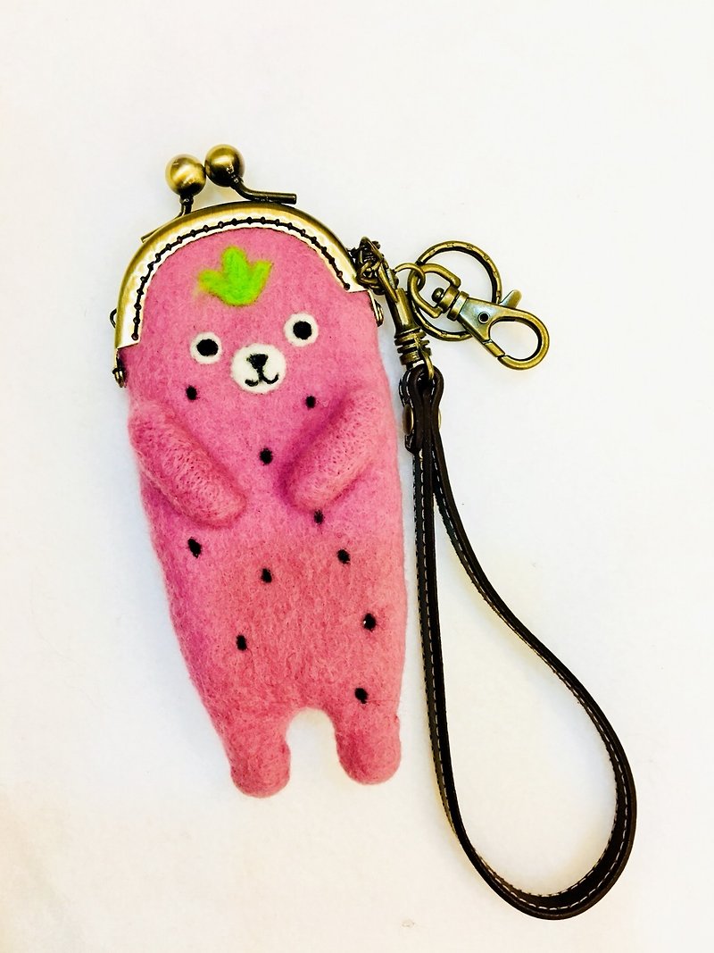 草莓小熊零钱包/唇膏包 - 钥匙链/钥匙包 - 羊毛 粉红色