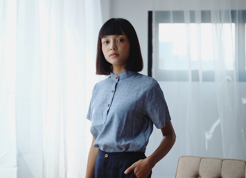 Taru Shorto : Dot - 女装衬衫 - 棉．麻 蓝色