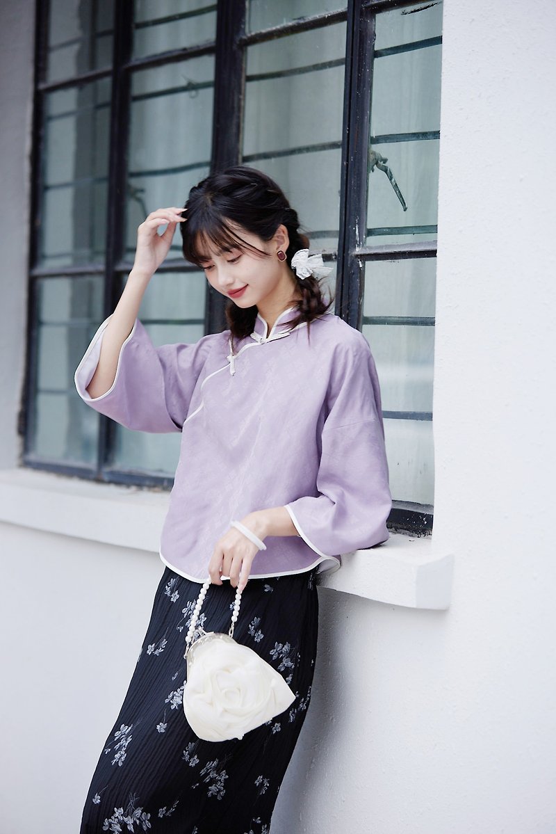 民國大小姐 紫色 暗紋提花中式倒大袖上衣 新中式民國風漢服 - 旗袍 - 聚酯纤维 紫色