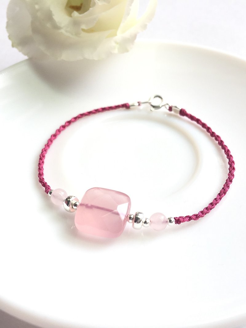 Ops Rose Quartz silver Handmade Gemstone-粉晶/桃花/粉嫩/礼物 - 手链/手环 - 宝石 粉红色