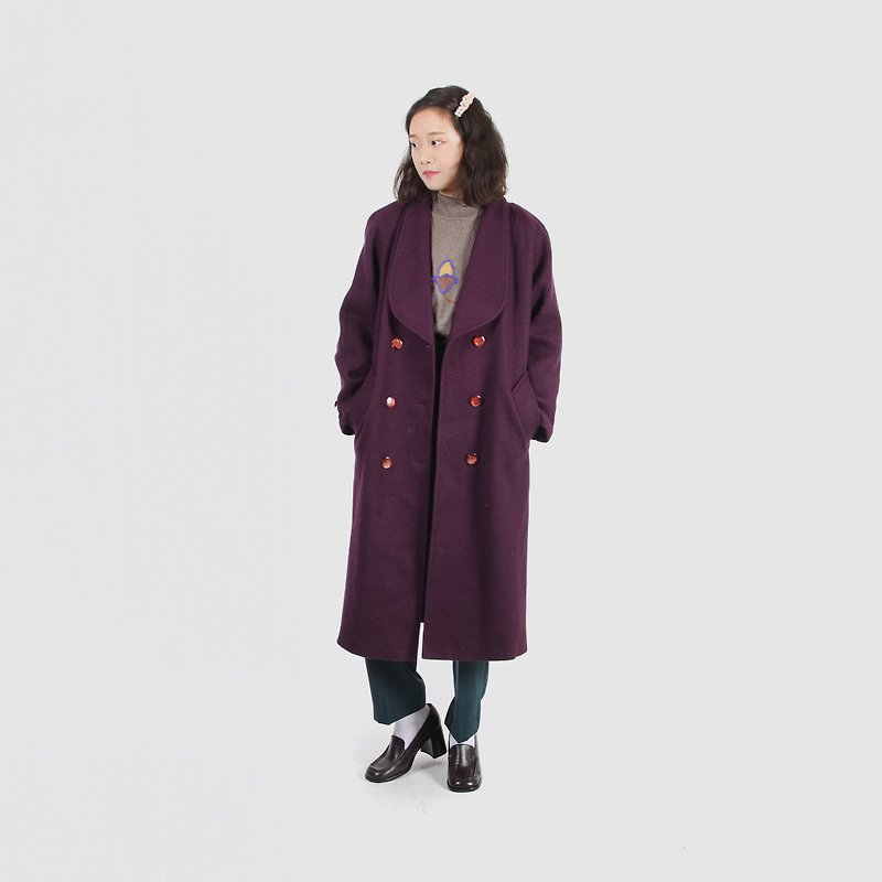 【蛋植物古着】紫玉光彩丝瓜领毛料古着大衣 - 女装休闲/机能外套 - 羊毛 紫色