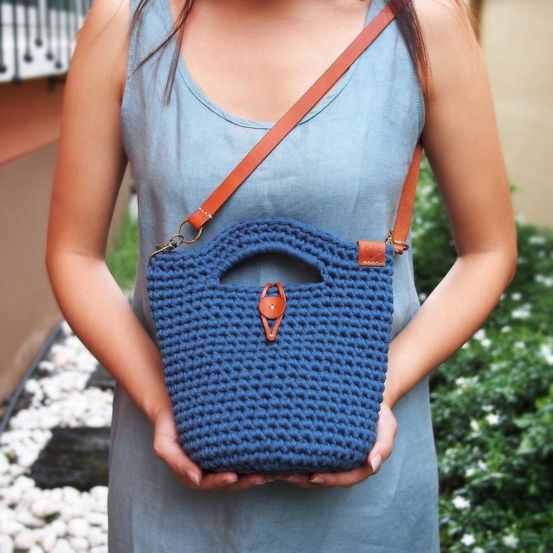 Handmade dark blue/navy crochet bag (t-shirt yarn) with brown tan leather strap