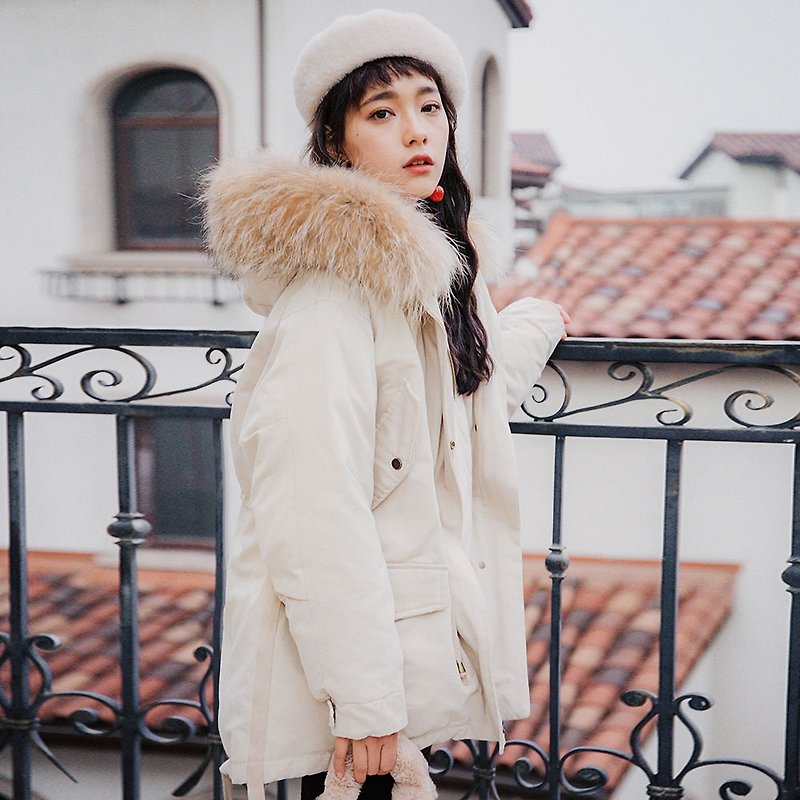 2018女装冬季穿搭含毛领中长款派克羽绒服 - 女装休闲/机能外套 - 聚酯纤维 白色