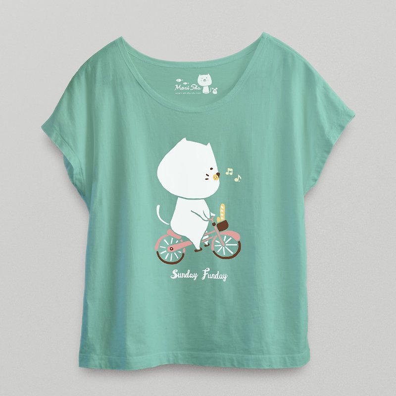 包子猫骑单车简单生活T-shirt - 女装短裤 - 棉．麻 绿色