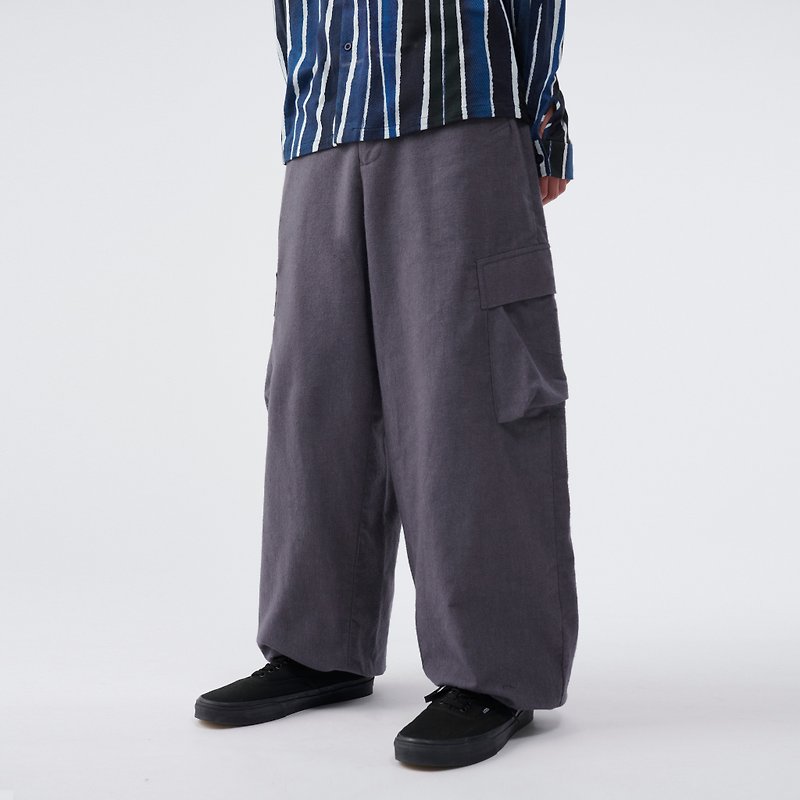 低档扣式宽裤 - 泉和式风格宽松造型设计 - 男士长裤 - 棉．麻 灰色