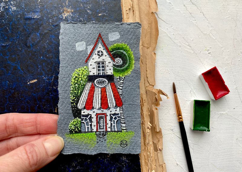 Cafe house Mini Original art Miniature watercolor on handmade paper by Rubinova - 海报/装饰画/版画 - 纸 多色