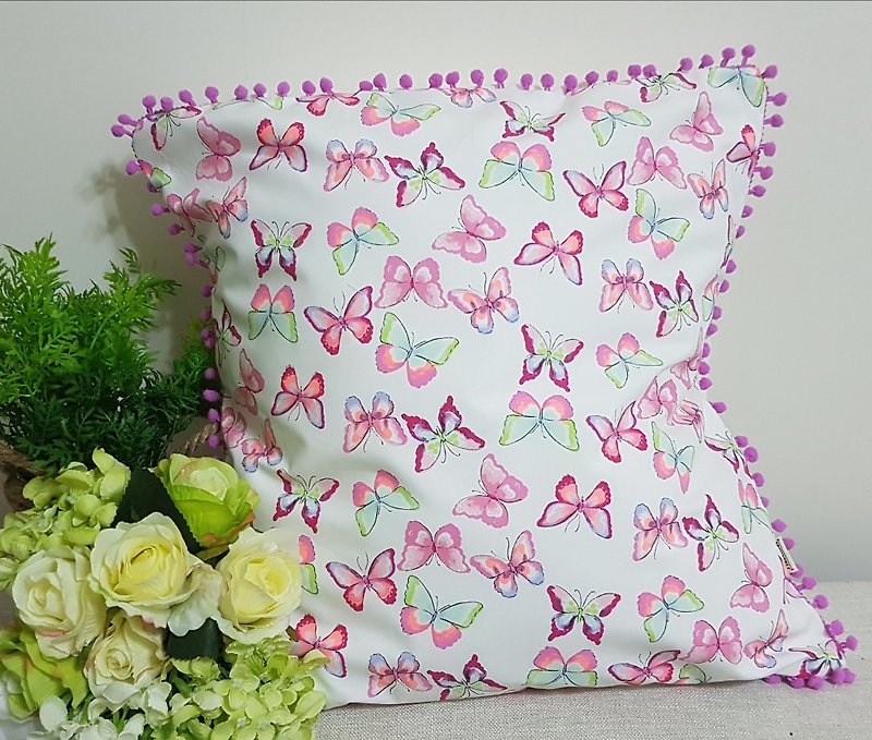 北欧风格粉红粉桃蝴蝶图案,粉桃紫小毛球抱枕靠枕靠垫枕套 - 枕头/抱枕 - 棉．麻 透明