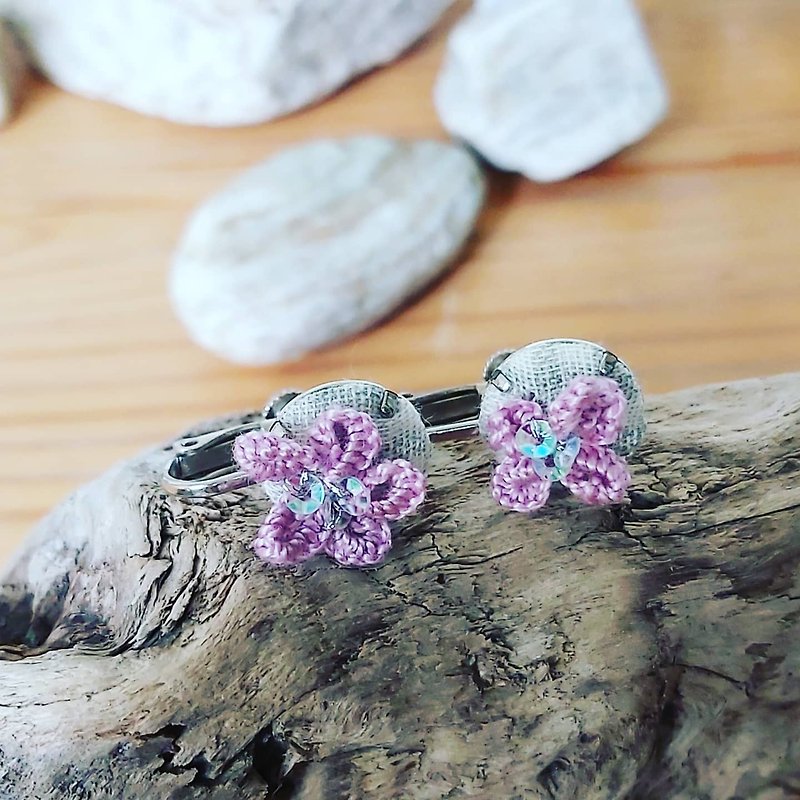小小花园里的紫立体刺绣编织耳环耳夹 - 耳环/耳夹 - 绣线 紫色